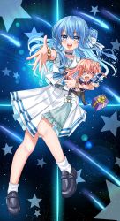 Rule 34 | 2girls, absurdres, anemachi, blue eyes, blue hair, carrying, carrying person, carrying under arm, chibi, colored inner hair, hair between eyes, highres, hololive, hoshimachi suisei, hoshimachi suisei (school uniform), indie virtual youtuber, jacket, light blue hair, looking at viewer, maroonabyss, medium hair, multicolored hair, multiple girls, neckerchief, pink hair, plaid, plaid jacket, plaid skirt, pleated skirt, sailor collar, school uniform, serafuku, skirt, sky, smile, star (sky), star (symbol), star in eye, starry sky, symbol in eye, virtual youtuber