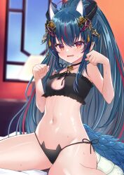 Rule 34 | 1girl, animal ear fluff, animal ears, bell, black ribbon, blue hair, blurry, blurry background, blush, breasts, cat ears, cat lingerie, commentary request, dragon girl, dragon horns, dragon tail, fang, hair ornament, hands up, highres, horns, indoors, isekai tensei shite v ni narimashita, jingle bell, kohaku wakana, long hair, meme attire, multicolored hair, navel, neck bell, neck ribbon, on bed, panties, paw pose, red eyes, red hair, ribbon, sese nagi, side-tie panties, sitting, skin fang, slit pupils, small breasts, solo, stomach, streaked hair, sweat, tail, two-tone hair, underwear, underwear only, very long hair, virtual youtuber