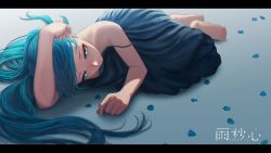 Rule 34 | 1girl, aqua eyes, aqua hair, barefoot, blue eyes, blue hair, blurry, commentary request, depth of field, dress, expressionless, hatsune miku, highres, letterboxed, lying, matching hair/eyes, on side, petals, solo, spaghetti strap, strap slip, text focus, translation request, twintails, vocaloid, yue (tada no saboten)