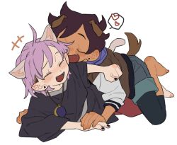 Rule 34 | amity blight, animal ears, black nails, brown hair, cat ears, cat tail, couple, dark-skinned female, dark skin, dayama, dog ears, dog tail, fangs, happy, highres, jewelry, luz noceda, necklace, purple hair, simple background, smile, tail, the owl house, yuri