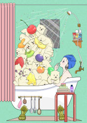 Rule 34 | 1girl, bath, bathtub, bear, cherry, claw foot bathtub, food, fork, from side, fruit, green background, highres, kiwi (fruit), kiwi slice, mirror, orange (fruit), orange slice, original, pile, pineapple, pineapple slice, polar bear, profile, shelf, shower curtain, solo, spoon, strawberry, towel, towel on head, yoshimon