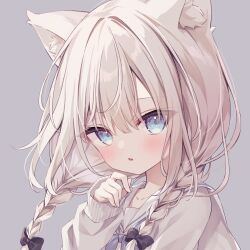 Rule 34 | 1girl, animal ear fluff, animal ears, black bow, blue eyes, blue neckerchief, bow, braid, brown hair, commentary request, grey background, grey sweater, hair between eyes, hair bow, hand up, highres, hoshi (snacherubi), long hair, long sleeves, looking at viewer, neckerchief, original, parted lips, puffy long sleeves, puffy sleeves, sailor collar, school uniform, serafuku, simple background, sleeves past wrists, solo, sweater, twin braids, upper body, white sailor collar