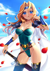 Rule 34 | 1990s (style), 1girl, arm up, armor, armpits, belt, blonde hair, blue eyes, blush, breasts, bucchake (asami), cape, celes chere, cleavage, cloud, collarbone, covered navel, day, female focus, final fantasy, final fantasy vi, gauntlets, headband, highleg, highleg leotard, highres, leotard, long hair, medium breasts, parted lips, pauldrons, petals, sheath, sheathed, shoulder armor, shoulder pads, sky, solo, sword, thighhighs, thighs, vambraces, weapon