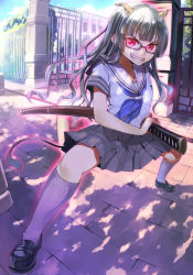 Rule 34 | 1girl, aura, bad id, bad pixiv id, dappled sunlight, fang, fighting stance, glasses, grin, hime cut, holding, horns, katana, loafers, long hair, original, pink eyes, ready to draw, revision, school uniform, serafuku, sheath, sheathed, shoes, silver hair, skirt, slit pupils, smile, solo, sunlight, sword, tail, tree shade, umeboshitora, weapon