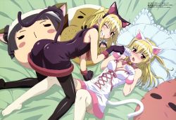 Rule 34 | 1boy, 1girl, absurdres, animal ears, ass, black pantyhose, blonde hair, breasts, brother and sister, cat ears, cat tail, chibi, cleavage, dorm leader, dorm mistress, fake animal ears, fang, flat chest, frilled pillow, frills, gloves, hair between eyes, highres, long hair, lying, maria holic, medium breasts, megami magazine, miyamae kanako, mole, mole under eye, morioka hideyuki, mouth hold, non-web source, official art, on back, one eye closed, pantyhose, paw pose, pillow, shidou mariya, shidou shizu, siblings, tail, thighhighs, trap, twins, twintails, two side up, white thighhighs, wink, yonakuni