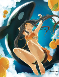 Rule 34 | 1girl, arancia, armpits, bad id, bad pixiv id, barefoot, black hair, feet, food, foreshortening, from below, fruit, happy, highres, jumping, legs, miniskirt, orange (fruit), orange eyes, orange skirt, orca, original, rahwia, skirt, smile, solo, twintails