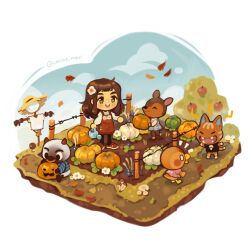 Rule 34 | 1boy, 4girls, :d, ^ ^, animal crossing, apple, apple tree, apron, artist name, autumn, autumn leaves, barbed wire, black eyes, black pantyhose, black shirt, blue dress, blue shirt, blue sky, blunt bangs, blush, brown hair, bush, cat girl, closed eyes, closed mouth, cloud, commentary, day, deer girl, dress, duck girl, english commentary, fake horns, falling leaves, fangs, farm, fauna (animal crossing), fence, floral print, flower, food, fruit, fruit tree, furry, furry female, furry male, grass, green eyes, hair flower, hair ornament, highres, holding, holding food, holding pumpkin, holding vegetable, holding watering can, horns, jack-o&#039;-lantern, katt (animal crossing), leaf, long hair, long sleeves, molly (animal crossing), multiple girls, mushroom, nintendo, notice lines, on ground, open mouth, pantyhose, penguin boy, pinafore dress, pink shirt, print shirt, pumpkin, red apron, red footwear, red horns, scarecrow, shirt, shoes, short sleeves, sidelocks, simple background, sitting, skull print, sky, sleeveless, sleeveless dress, smile, standing, striped clothes, striped shirt, surprised, t-shirt, teeth, tree, twitter username, umino-mari, upper teeth only, vegetable, villager (animal crossing), wade (animal crossing), watering can, white background, white flower, white shirt, wide-eyed