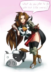 Rule 34 | 1girl, animal ears, animal print, armor, bandages, bell, black thighhighs, boots, borrowed character, breasts, brown eyes, brown hair, collar, cow ears, cow girl, cow horns, cow print, cowbell, ego trigger, english text, fantasy, hanging breasts, horns, huge breasts, koi drake, leaning forward, long hair, mattie (ego trigger), neck bell, no panties, original, pauldrons, pointing, shoulder armor, side slit, skirt, skull, solo, thighhighs, very long hair, war hammer, warhammer, warhammer (weapon), weapon