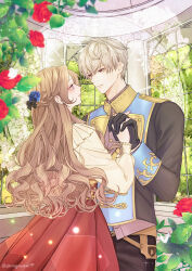 Rule 34 | 1boy, 1girl, absurdres, artist self-insert, black gloves, blurry, blurry foreground, braid, brown hair, bug, butterfly, darlingnanami, eye contact, flower, gazebo, gloves, hair flower, hair ornament, highres, holding hands, ikemen prince, insect, interlocked fingers, light brown hair, long hair, looking at another, mole, mole under eye, red eyes, red skirt, skirt, standing, twitter username, very long hair, white butterfly