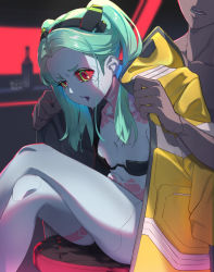 Rule 34 | 1boy, 1girl, artificial eye, bar (place), bar stool, black bra, bottle, bra, breasts, collarbone, colored sclera, commentary request, covering privates, crossed legs, crying, crying with eyes open, cup, cyberpunk (series), cyberpunk edgerunners, david martinez, green hair, highres, jacket, jason kong, leg tattoo, looking down, mechanical eye, navel, neck tattoo, open mouth, petite, rebecca (cyberpunk), red eyes, red sclera, simple background, sitting, small breasts, stomach tattoo, stool, tattoo, tears, twintails, underwear, yellow jacket