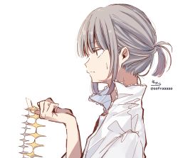 Rule 34 | 1boy, closed mouth, collared shirt, fate/grand order, fate (series), from side, grey hair, hand up, highres, male focus, oberon (fate), ponytail, profile, shirt, simple background, sofra, solo, sweat, upper body, white background, white shirt