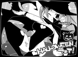 Rule 34 | 1girl, ;p, bad id, bad pixiv id, cape, cleavage cutout, clothing cutout, greyscale, halloween, hat, heart, jack-o&#039;-lantern, kotamaru (pajama soft), monochrome, one eye closed, pumpkin, short hair, solo, thighhighs, tongue, tongue out, witch hat