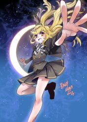 Rule 34 | 1girl, blonde hair, bow, bowtie, crescent moon, dated, fangs, floating hair, grey skirt, grey vest, jacket, kagesaki yuna, leg up, long hair, long sleeves, miniskirt, moon, multicolored hair, open clothes, open jacket, original, pleated skirt, signature, skirt, solo, striped bow, striped bowtie, striped clothes, very long hair, vest