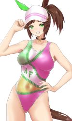 Rule 34 | 1girl, adapted costume, animal ears, breasts, brown hair, contrapposto, covered navel, ear covers, gluteal fold, green eyes, hand on own hip, highleg, highleg swimsuit, highres, horse ears, horse girl, horse tail, ines fujin (umamusume), large breasts, looking at viewer, multicolored clothes, multicolored leotard, multicolored swimsuit, side ponytail, simple background, single ear cover, solo, swimsuit, tail, umamusume, visor cap, white background, yuzuriha yuu