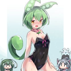 Rule 34 | 3girls, :d, animal ear fluff, animal ears, bare arms, bare shoulders, black leotard, blush, breasts, brown eyes, cleavage, closed mouth, commentary request, covered navel, green hair, green hairband, grey hair, hair between eyes, hairband, highres, japanese clothes, kimono, leotard, long hair, looking at viewer, low ponytail, multiple girls, nose blush, open mouth, personification, playboy bunny, ponytail, ryogo, small breasts, smile, strapless, strapless leotard, sweat, touhoku itako, touhoku zunko, very long hair, voiceroid, white kimono, zundamon