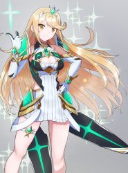 Rule 34 | 1girl, absurdres, bare legs, bare shoulders, blonde hair, breasts, chest jewel, cleavage, cleavage cutout, clothing cutout, dress, earrings, elbow gloves, gloves, highres, jewelry, kamidan, large breasts, long hair, mythra (xenoblade), short dress, swept bangs, thigh strap, tiara, very long hair, white dress, white gloves, xenoblade chronicles (series), xenoblade chronicles 2, yellow eyes