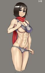 Rule 34 | 1girl, abs, areola slip, black hair, blush, bra, bra lift, breasts, cameltoe, clothes lift, cropped legs, female pubic hair, grey background, grey bra, grey panties, hair between eyes, large breasts, lifted by self, mikasa ackerman, navel, nisetanaka, one breast out, panties, panty pull, pubic hair, pubic hair peek, pulled by self, red scarf, scarf, shingeki no kyojin, short hair, solo, sports bra, sports bra lift, thick thighs, thighs, toned, underboob, underwear