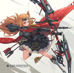 Rule 34 | 1girl, animal ears, archetto (arknights), arknights, arrow (projectile), artist name, black dress, blonde hair, blue eyes, boots, bow (weapon), breasts, cloak, closed mouth, commentary request, compound bow, cross-laced footwear, drawing bow, dress, epaulettes, full body, gauntlets, heterochromia, highres, holding, holding bow (weapon), holding weapon, lace-up boots, long hair, pleated dress, red cloak, red eyes, sima naoteng, solo, tail, weapon