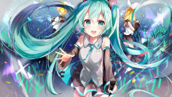 Rule 34 | 1boy, 2girls, aqua eyes, aqua hair, aqua necktie, arm warmers, audience, bare shoulders, black collar, black shorts, black skirt, black sleeves, blonde hair, bow, collar, commentary, concert, detached sleeves, from behind, glowstick, grey shirt, hair bow, hair ornament, hatsune miku, headphones, headset, highres, holding, holding microphone, kagamine len, kagamine rin, leaning forward, leg warmers, long hair, looking at viewer, microphone, miniskirt, multiple girls, necktie, open mouth, outstretched hand, pleated skirt, sailor collar, school uniform, shirt, short hair, short shorts, short sleeves, shorts, skirt, sleeveless, sleeveless shirt, smile, sparkle, spiked hair, tsukasa (pixiv34617881), twintails, very long hair, vocaloid, white bow, white shirt