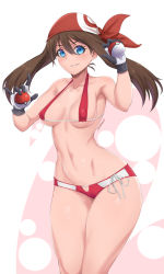 Rule 34 | 00s, 1girl, armpits, artist name, bad id, bad pixiv id, bare shoulders, bikini, blue eyes, breasts, brown hair, collarbone, creatures (company), curvy, dual wielding, game freak, gloves, grin, hair between eyes, head scarf, highres, holding, holding poke ball, long hair, looking at viewer, may (pokemon), medium breasts, micro bikini, navel, nintendo, parted lips, poke ball, pokemon, pokemon rse, red bikini, simple background, smile, solo, stomach, stormcow, swimsuit, thick thighs, thighs, twintails, underboob, white gloves, wide hips