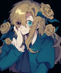 Rule 34 | 1girl, ascot, black background, black eyes, blonde hair, blue ascot, blue eyes, closed mouth, collared dress, dress, flower, frilled sleeves, frills, green dress, hair between eyes, half-closed eye, hand on own cheek, hand on own face, heterochromia, ib (kouri), juliet sleeves, long hair, long sleeves, looking at viewer, mary (ib), puffy sleeves, rose, simple background, smile, solo, takenaka (takenaka1111), uneven eyes, upper body, wing collar, yellow flower, yellow rose