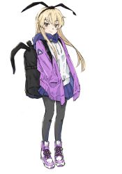 Rule 34 | 1girl, alternate costume, backpack, bag, black hairband, black pantyhose, blonde hair, blue skirt, commentary request, drawstring, full body, grey eyes, hairband, hands in pockets, highres, hood, hooded sweater, hoodie, jacket, kantai collection, ld (luna dial398), long hair, looking at viewer, one-hour drawing challenge, open clothes, open jacket, pantyhose, pink footwear, pink jacket, pleated skirt, shimakaze (kancolle), shoes, skirt, sneakers, solo, standing, sweater, white sweater