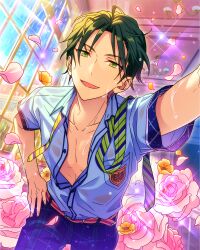 Rule 34 | 1boy, belt, breast pocket, buttons, collared shirt, comic world (ensemble stars!), cowgirl position, diagonal-striped clothes, diagonal-striped necktie, ensemble stars!, fingernails, flower, green eyes, green hair, happy elements, hasumi keito, highres, indoors, looking at viewer, male focus, necktie, official art, open collar, open mouth, orange flower, pants, partially unbuttoned, pink flower, pink rose, plaid, plaid pants, pocket, pov, rose, shirt, short hair, short sleeves, solo, straddling, striped clothes, third-party source, undone necktie, water, wet, wet clothes, wet shirt, window