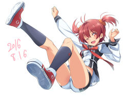 Rule 34 | 1girl, ;d, arm up, ass, black socks, blush, bow, commentary request, full body, hair ornament, hair scrunchie, highres, isshiki akane, kneehighs, long hair, long sleeves, looking at viewer, michairu, one eye closed, open mouth, red eyes, red hair, school uniform, scrunchie, shoes, shorts, simple background, smile, sneakers, socks, solo, twintails, vividred operation, white background