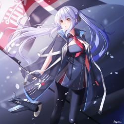 Rule 34 | 1girl, aircraft, airplane, artist name, azur lane, breasts, cleavage, collared shirt, commentary, essex (azur lane), flag, flagpole, hair between eyes, hair ribbon, highres, holding, holding flag, jacket, jacket on shoulders, light purple hair, medium breasts, necktie, nyan (reinyan 007), pantyhose, propeller, red necktie, ribbon, shirt, sidelocks, signature, solo, standing, twintails, yellow eyes