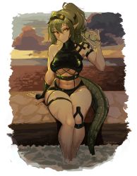 Rule 34 | 1girl, abs, arknights, bikini, black bikini, breasts, cup, drinking glass, gavial (arknights), gloves, green hair, legs together, partially submerged, pointy ears, ponytail, single glove, sitting, solo, sunset, swimsuit, tail, thighs, twitter username, underboob, vishapslayer, yellow eyes