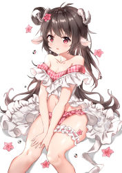 Rule 34 | 1girl, absurdres, animal ears, arknights, bare shoulders, bikini, black hair, breasts, cleavage, collarbone, commentary request, detached sleeves, eyes visible through hair, eyjafjalla (arknights), flower, hair between eyes, hair flower, hair ornament, highres, horns, long hair, looking at viewer, midriff, navel, parted lips, plaid, plaid swimsuit, red bikini, red eyes, sentter, sheep ears, sheep girl, sheep horns, sidelocks, simple background, sitting, solo, swimsuit, thighlet, v arms, white background