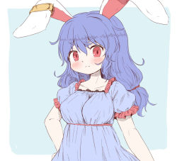 Rule 34 | 1girl, animal ears, arinu, blue background, blue dress, blue hair, blush, border, breasts, closed mouth, collarbone, dress, hair between eyes, hair ornament, hand on own hip, long hair, looking at viewer, medium breasts, pink eyes, puffy short sleeves, puffy sleeves, rabbit ears, seiran (touhou), short sleeves, simple background, solo, touhou, white border