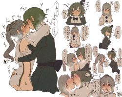 Rule 34 | 2girls, ?, blush, bottomless, commentary request, detached sleeves, closed eyes, facing another, french kiss, from side, green hair, grey hair, hat, heart, kiss, long hair, long sleeves, looking at another, mononobe no futo, multiple girls, ponytail, short hair, soga no tojiko, sokura (mochichitose), sweat, tate eboshi, thought bubble, touhou, translation request, white background, yuri