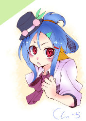 Rule 34 | 1girl, absurdres, alternate hairstyle, animal ears, bad id, bad pixiv id, blue hair, blush, face, female focus, hair ornament, hair up, hairclip, hat, highres, hinanawi tenshi, long hair, looking at viewer, mini hat, musupon214, red eyes, simple background, solo, touhou