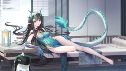 Rule 34 | 1girl, :d, absurdres, arknights, arm support, bare legs, bare shoulders, barefoot, bitey (arknights), black hair, blue dress, blue skin, book, breasts, china dress, chinese clothes, colored skin, covered navel, creature, dragon girl, dragon horns, dragon tail, dress, dusk (arknights), dusk (everything is a miracle) (arknights), earrings, food, full body, gradient skin, green hair, highres, horns, impossible clothes, impossible dress, indoors, jewelry, kirby d a, lantern, large breasts, long hair, looking at viewer, lying, md5 mismatch, multicolored hair, official alternate costume, on bed, on side, open mouth, pillow, pointy ears, revision, sleeveless, sleeveless dress, smile, solo focus, streaked hair, tail, tassel, tassel earrings, two-tone hair, very long hair, yellow eyes