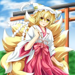 Rule 34 | 1girl, alternate costume, animal ears, bad id, bad pixiv id, blonde hair, female focus, fox tail, gohei, hat, highres, japanese clothes, kmkm9696, miko, multiple tails, oonusa, open mouth, short hair, smile, solo, tail, torii, touhou, yakumo ran, yellow eyes
