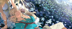 Rule 34 | 1boy, 1girl, blonde hair, bracelet, cuts, dress, closed eyes, field, fingerless gloves, flower, flower field, gloves, gyou chin, head out of frame, highres, injury, jewelry, lap pillow, link, long hair, nintendo, parted lips, pointy ears, princess zelda, scar, shade, silent princess, strap, sunlight, the legend of zelda, the legend of zelda: breath of the wild, torn clothes, unconscious, white dress