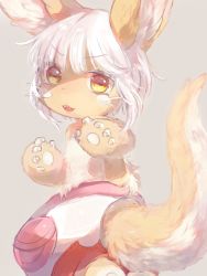 Rule 34 | 1girl, :3, :d, animal ears, blunt bangs, fangs, feet out of frame, from behind, furry, furry female, grey background, hideko (l33l3b), highres, horizontal pupils, looking at viewer, looking back, made in abyss, nanachi (made in abyss), open mouth, pants, pouch, short hair, silver hair, simple background, smile, solo, standing, tail, topless, v-shaped eyebrows, yellow eyes