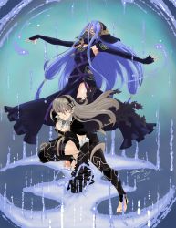 Rule 34 | 2girls, alternate costume, aqua hair, armor, armored legwear, armored leotard, armpits, artist name, azura (fire emblem), bare legs, bare shoulders, barefoot, black armor, black dress, black hairband, black thighhighs, black tunic, bow, breasts, butterfly hair ornament, cape, cleavage, closed eyes, corrin (female) (fire emblem), corrin (female) (nohr noble) (fire emblem), corrin (fire emblem), crater, dress, elbow gloves, energy, eyelashes, feet, female focus, fighting stance, fingerless gloves, fingernails, fire emblem, fire emblem fates, floating, focused, frilled sleeves, frills, full body, gloves, gold trim, gradient background, ground shatter, hair between eyes, hair ornament, hair through headwear, hairband, hand on floor, highres, holding, holding sword, holding weapon, hydrokinesis, intelligent systems, jewelry, legs, leotard, long dress, long hair, long image, looking at viewer, lots of jewelry, magic, medium breasts, multiple girls, neck, neckerchief, necklace, necktie, nintendo, no bra, official alternate costume, open mouth, outstretched arms, pale skin, pointy ears, purple bow, purple ribbon, red eyes, revealing clothes, ribbon, serious, shiny skin, sidelocks, sleeveless, sleeveless dress, small breasts, soles, spread arms, spread legs, squatting, stirrup legwear, sword, symbol, tall image, thighhighs, thighs, tiptoes, toe ring, toeless legwear, toenails, toes, torn cape, torn clothes, transformation, tunic, veil, very long hair, water, water drop, weapon, white hair, yato (fire emblem)