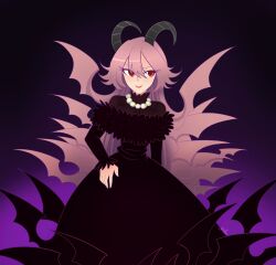 Rule 34 | 1girl, black dress, demon girl, demon horns, demon wings, dress, funamusea, gallaxi, hand on own hip, highres, horns, jewelry, lil (funamusea), long hair, looking to the side, necklace, pearl necklace, pink hair, red eyes, smile, solo, very long hair, wings