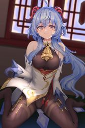 Rule 34 | 1girl, bare shoulders, bell, black horns, blue hair, bodice, bodysuit, breasts, brown bodysuit, closed mouth, curled horns, detached sleeves, dress, ganyu (genshin impact), genshin impact, gloves, goat horns, highres, horns, indoors, long hair, looking at viewer, multicolored horns, neck bell, pelvic curtain, red horns, sitting, smile, solo, thighs, toketa-sekai, white dress