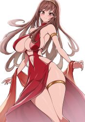 Rule 34 | 1girl, alternate costume, armlet, bare shoulders, blush, breasts, brown hair, cleavage, cleavage cutout, closed mouth, clothing cutout, dress, goddess of victory: nikke, hair between eyes, hairband, large breasts, long hair, navel cutout, rapi (nikke), red dress, red eyes, simple background, smile, solo, thick thighs, thighlet, thighs, white background, yoonsun