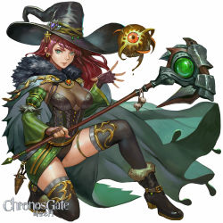 Rule 34 | 1girl, aqua eyes, black footwear, black gloves, black hat, black thighhighs, boots, breasts, canking, cape, chronos gate, cleavage, detached sleeves, earrings, fingerless gloves, fur, fur trim, gloves, green eyes, hat, holding, holding staff, jewelry, kneeling, lips, looking to the side, open hand, red hair, see-through, simple background, solo, staff, thigh strap, thighhighs, white background, witch hat