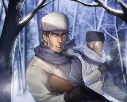 Rule 34 | 2boys, beard, black gloves, blue eyes, breath, brown hair, coat, expressionless, facial hair, fighting stance, foxvulpine, gloves, golden kamuy, gun, male focus, multiple boys, purple scarf, rifle, scarf, serious, simple background, sniper rifle, snow, branch, upper body, vasily (golden kamuy), weapon, white coat, winter clothes