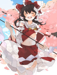 1girl ^_^ ascot blush bow breasts brown_hair cherry_blossoms closed_eyes cloud cowboy_shot day detached_sleeves facing_viewer gohei hair_between_eyes hair_bow hair_tubes hakurei_reimu happy higa_(gominami) highres holding holding_stick long_hair navel open_mouth red_bow red_skirt red_vest skirt skirt_set sky small_breasts smile solo standing stick teeth touhou underboob upper_teeth_only vest wide_sleeves wind wind_lift yellow_ascot