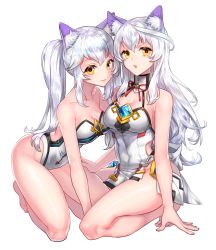 Rule 34 | 2girls, :3, aken, animal ears, ass, bare shoulders, barefoot, breasts, cleavage, elsword, eve (elsword), facial mark, highres, kneeling, leotard, looking at viewer, medium breasts, multiple girls, open mouth, seiza, silver hair, simple background, sitting, smile, twintails, white background, yellow eyes