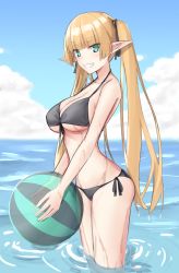 Rule 34 | ball, bare shoulders, beach, beachball, bikini, black bikini, blue sky, blush, breasts, cleavage, collarbone, day, elf, elfenlied22, green eyes, grin, highres, large breasts, long hair, looking at viewer, ocean, original, pointy ears, sky, smile, solo, swimsuit, thighs, tira (elfenlied22), twintails, wading, wet