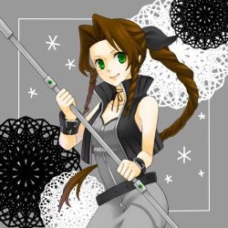 Rule 34 | 1990s (style), 1girl, aerith gainsborough, alternate costume, bad id, bad pixiv id, bare shoulders, belt, black ribbon, brown hair, dress, female focus, final fantasy, final fantasy vii, final fantasy vii advent children, green eyes, hikarinoniwa, jacket, long hair, lowres, partially colored, ponytail, retro artstyle, ribbon, solo, staff, very long hair, wristband, yue (pixiv505659)