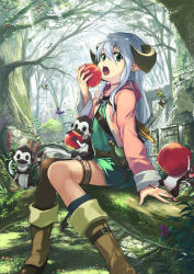 Rule 34 | 1girl, apple, blue hair, bug, butterfly, eating, food, forest, fruit, green eyes, holding, holding food, holding fruit, horns, insect, long hair, monkey, nature, original, pointy ears, ponzu (catponz), solo