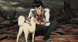 Rule 34 | 10s, 1boy, animated, animated gif, black hair, boots, dandy (space dandy), dog, closed eyes, happy, lowres, headpat, pup (space dandy), smile, space dandy, squatting, tail, tail wagging
